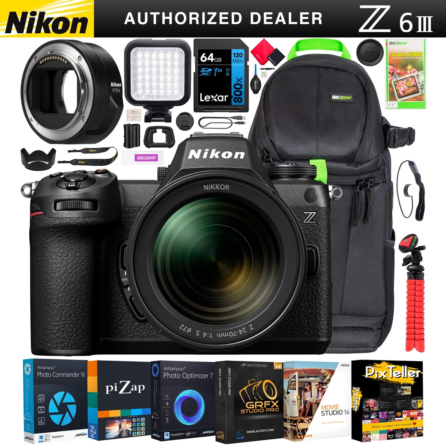 Nikon Z6III Full Frame Mirrorless FX 6K Camera Body w/ NIKKOR 24-70mm F4 S Lens 1892 Bundle + FTZ II Mount Adapter + Deco Gear Backpack + LED + Software & Accessories | Official Nikon USA Partner