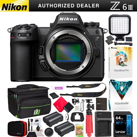 Nikon Z6III Full Frame Mirrorless FX 6K Interchangeable Lens Camera 1890 Bundle w/ Deco Gear Photography Bag + Extra Battery + LED + 64GB Card + Software| Official Nikon USA Dealer