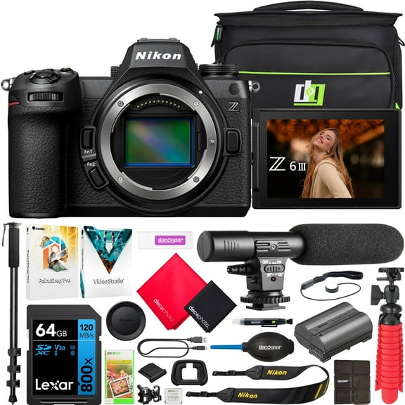 Nikon Z6III Full Frame Mirrorless FX 6K Interchangeable Lens Camera Bundle w/ Deco Gear Bag + Microphone + Monopod + 64GB Card & Software | Official Nikon USA Dealer