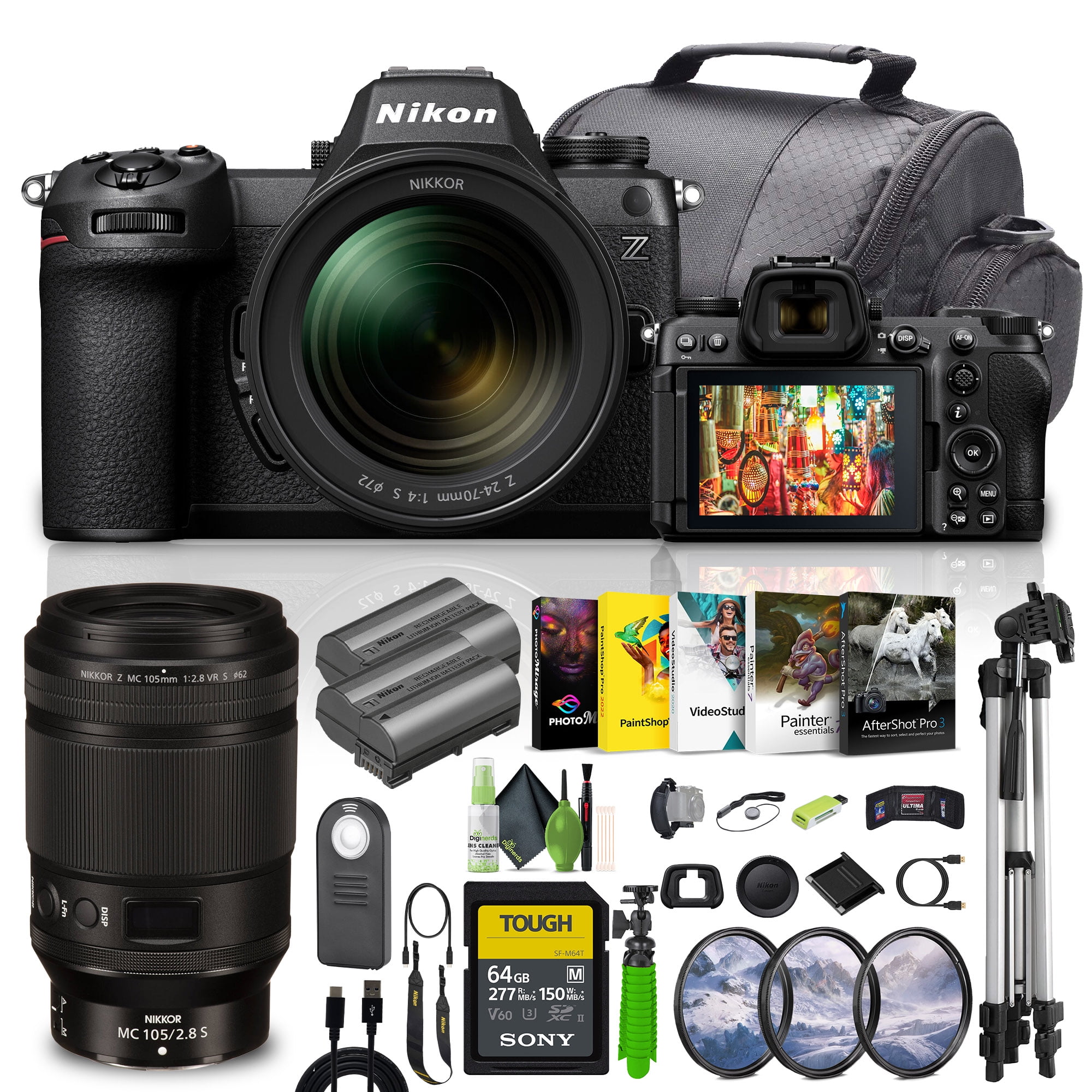 Nikon Z6III Mirrorless Camera with 24-70mm F/4 S Lens Bundle Kit with NIKKOR Z MC 105mm F/2.8 VR S Macro Lens + 64GB UHS-II SDXC Memory Card + Cleaning Kit + Camara Bag + Accessories