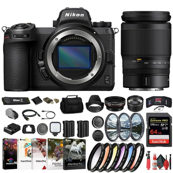 Nikon Z7 II Mirrorless Camera (1653) + Nikon 24-200mm Lens + 64GB Memory Card + Filter Kit + Wide Angle Lens + Color Filter Kit + Lens Hood + Bag + EN-EL15c Battery + Charger + Card Reader + More