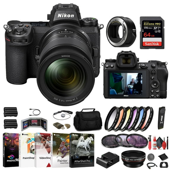 Nikon Z7 II Mirrorless Camera with 24-70mm F/4 Lens (1656) + FTZ II Adapter + 64GB Memory Card + Filter Kit + Wide Angle Lens + Color Filter Kit + Bag + EN-EL15c Battery + Charger + More