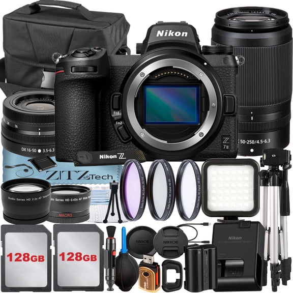 Nikon Z7 Mirrorless Camera with NIKKOR 16-50mm + DX 50-250mm Zoom Lens + 2 Pack 128GB Memory Card + Case + Wideangle + Tripod + ZeeTech Accessory Bundle (International Version)