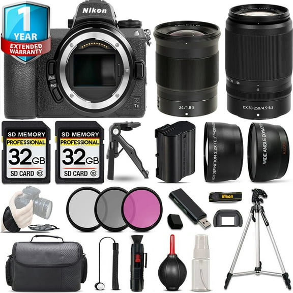 Nikon Z7 II Mirrorless Camera with 50-250mm f/4.5-6.3 VR Lens + 24mm f/1.8 S Lens + Handbag + 3 PC Filter Set + 64GB
