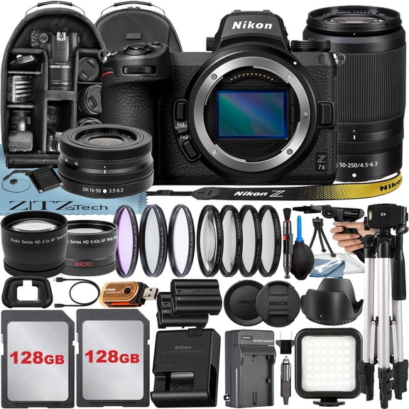 Nikon Z7 Mirrorless Camera with NIKKOR 16-50mm + DX 50-250mm Zoom Lens + 2 Pack 128GB Memory Card + Case + Tripod + ZeeTech Accessory Bundle (International Version)