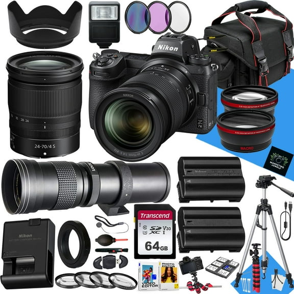 Nikon Z7 II Mirrorless Camera with NIKKOR Z 24-70mm f/4 S And 500mm Lens + 64 GB Memory + Extra Battery + Filters + Tripod + More (37pc Bundle)