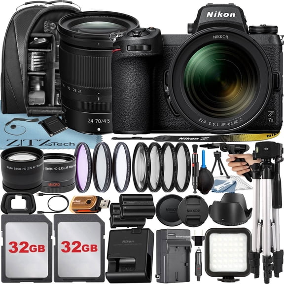 Nikon Z7 Mirrorless Camera with NIKKOR Z 24-70mm f/4 S Lens + 2 Pack 32GB Memory Card + Case + Tripod + ZeeTech Accessory Bundle (International Version)