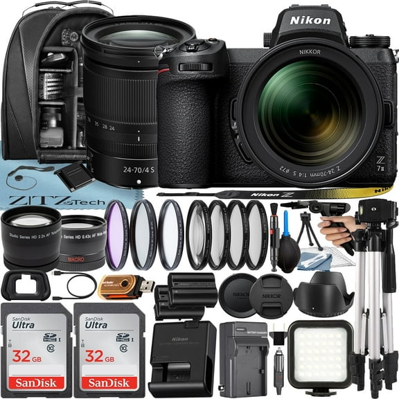 Nikon Z7 II Mirrorless Camera with NIKKOR Z 24-70mm f/4 S Lens + 2 Pack 32GB SanDisk Card + Case + Tripod + ZeeTech Accessory Bundle (International Version)