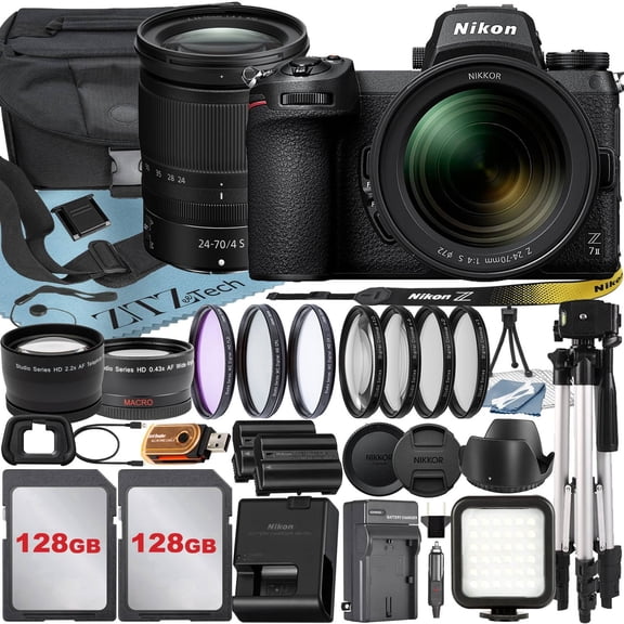 Nikon Z7 Mirrorless Camera with NIKKOR Z 24-70mm f/4 S Lens + 128GB Memory Card + Case + Telephoto + Tripod + ZeeTech Accessory Bundle (International Version)