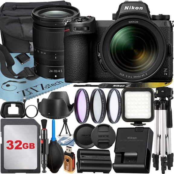 Nikon Z7 Mirrorless Camera with NIKKOR Z 24-70mm f/4 S Lens + 32GB Memory Card + Case + 3 Pieces Filter + Flash + ZeeTech Accessory Bundle (International Version)