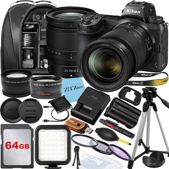 Nikon Z7 Mirrorless Camera with NIKKOR Z 24-70mm f/4 S Lens, 64GB Memory Card, Backpack, Flash, Tripod and ZeeTech Accessory Bundle (International Version)