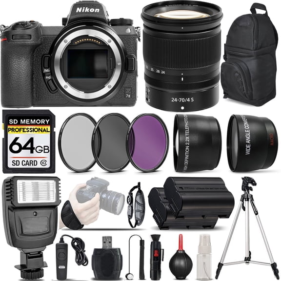 Nikon Z7 II Mirrorless Digital Camera with 24-70mm f/4 S Lens + 0.43X Wide Angle Lens + 2.2x Telephoto Lens + Flash + 64GB Memory Card + UV-CPL-FLD Filters + Remote Control + Wrist Grip - Internationa