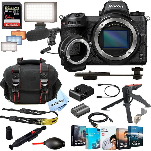 Nikon Z7II Mirrorless Digital Camera 45.7MP Body No Lens+ FTZ Mount Adapter + Shot-Gun Microphone + LED Always on Light+ 64GB Extreme Speed Card, Gripod, Case, and More 26pc Video Bundle
