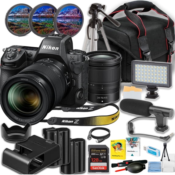 Nikon Z8 Mirrorless Camera with 24-70mm f/4 Lens, 128GB Memory Card, Mic, 15in Tripod, LED Light, Filter Kit, Camera Case