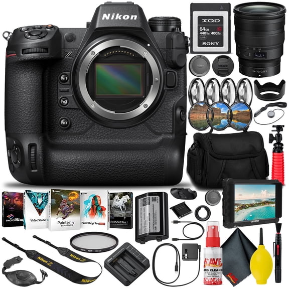 Nikon Z9 FX-Format Mirrorless Camera Body (1669) (Intl Model) + 24-70mm F/2.8 S Lens + 64GB XQD Memory Card + 7" HD Monitor + Editing Software + Camera Bag + Pro Filter Kit + 12" Tripod
