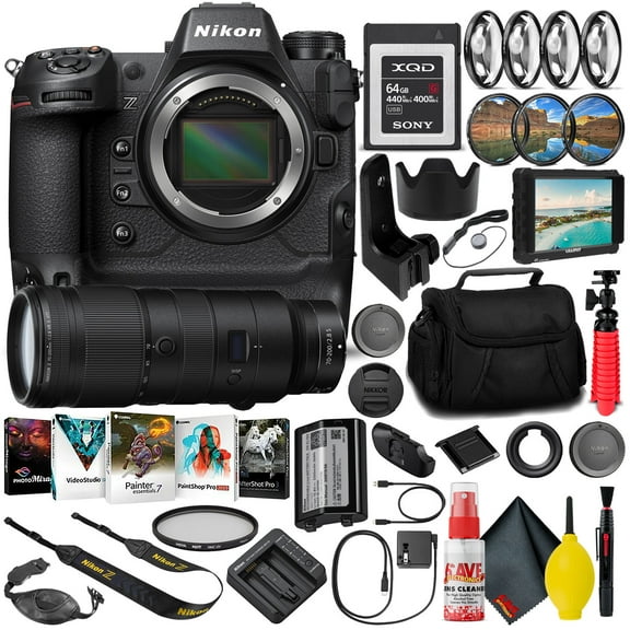 Nikon Z9 FX-Format Mirrorless Camera Body (1669) (Intl Model) + 70-200mm F/2.8 VR Lens + 64GB XQD Memory Card + 7" HD Monitor + Editing Software + Camera Bag + Pro Filter Kit + 12" Tripod