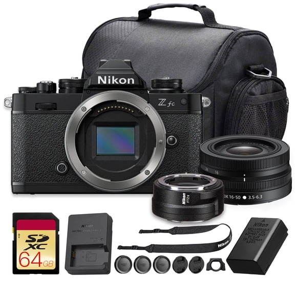 Nikon Zfc Mirrorless Camera 20.9MP APS-C 4K Video 11fps | NIKKOR Z DX 16-50mm VR Lens Black + FTZ II Mount Adapter + 64GB Memory Card + Bag