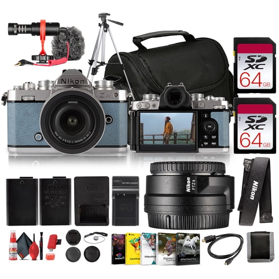 Nikon Zfc Mirrorless Camera with NIKKOR Z DX 16-50mm f/3.5-6.3 VR Lens (Chalk Blue), 20.9MP DX, 4K Video, Retro Design Bundle with Rode on Camera-Mount Microphone + FTZ II Mount Adapter + More