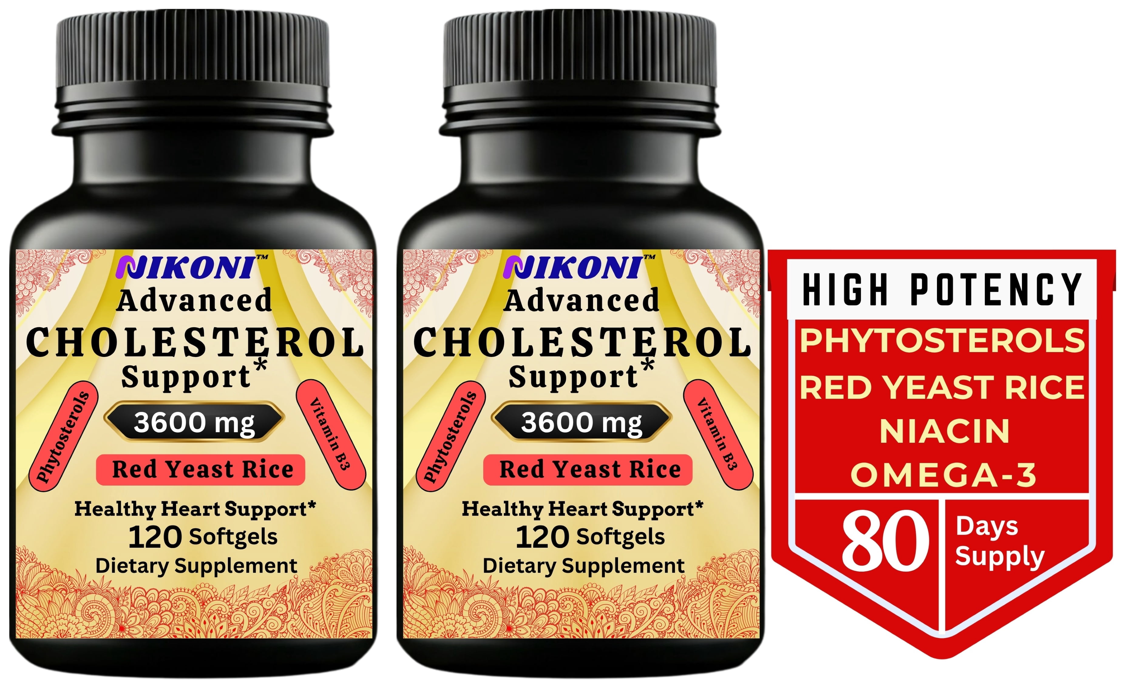 Nikoni Advanced Cholesterol Support Dietary Supplement 3600 mg Plant Sterols & Vitamins 14-in-1 Formula 240 Softgels