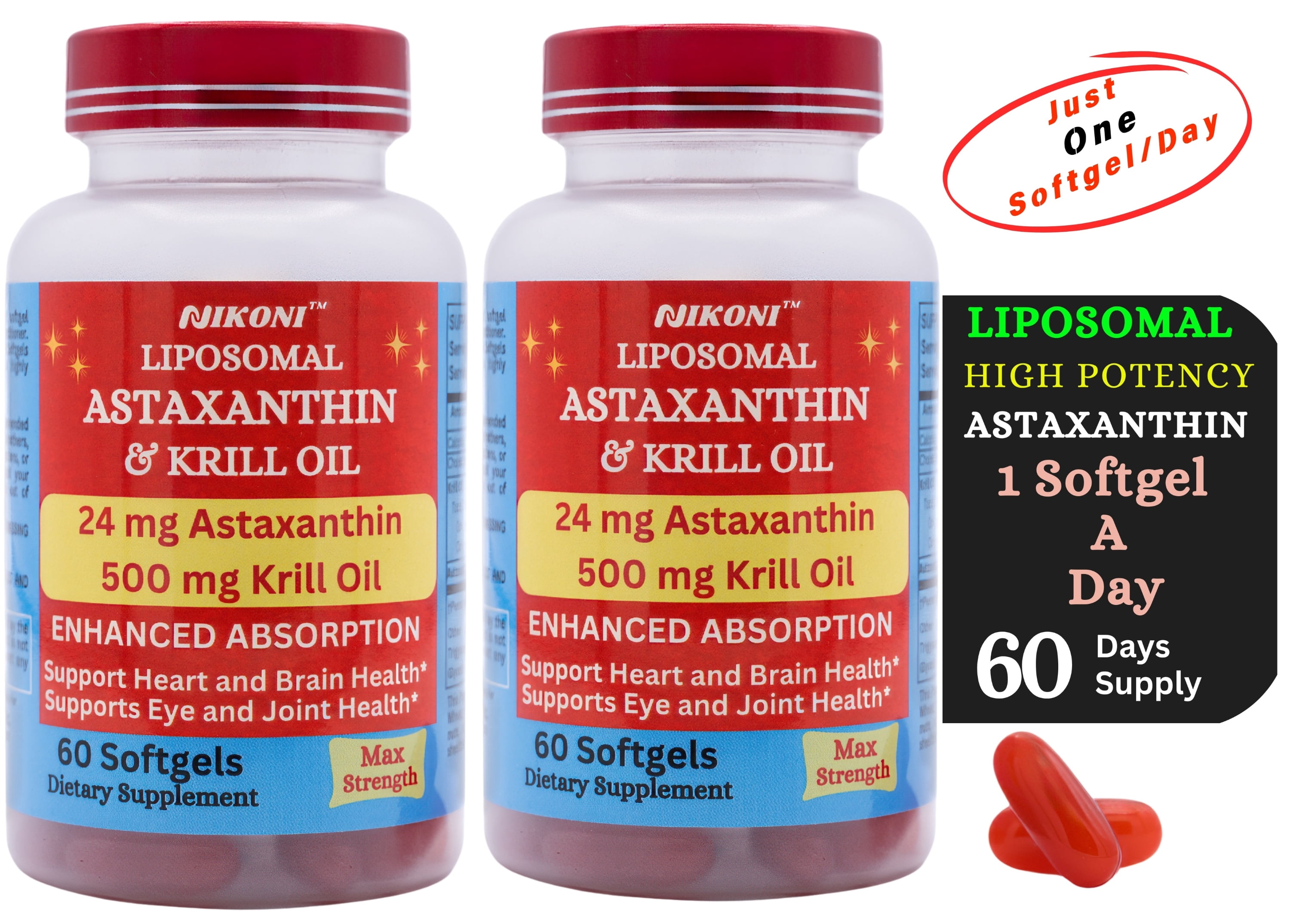 Nikoni Liposomal Astaxanthin & Krill Oil, 24 mg Antioxidant with Omega-3s, Supports Cellular, Joint & Heart Health, Gluten-Free, 120 Softgels