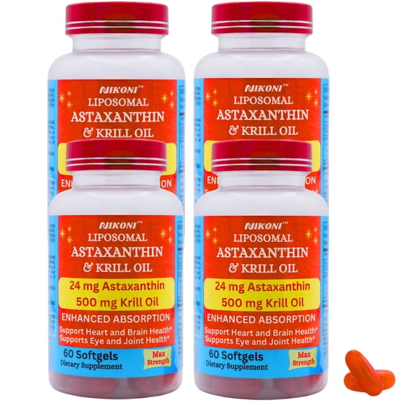 Nikoni Liposomal Astaxanthin & Krill Oil 24 mg Antioxidant with Omega-3s Supports Cellular, Joint and Heart Health 240 Softgels