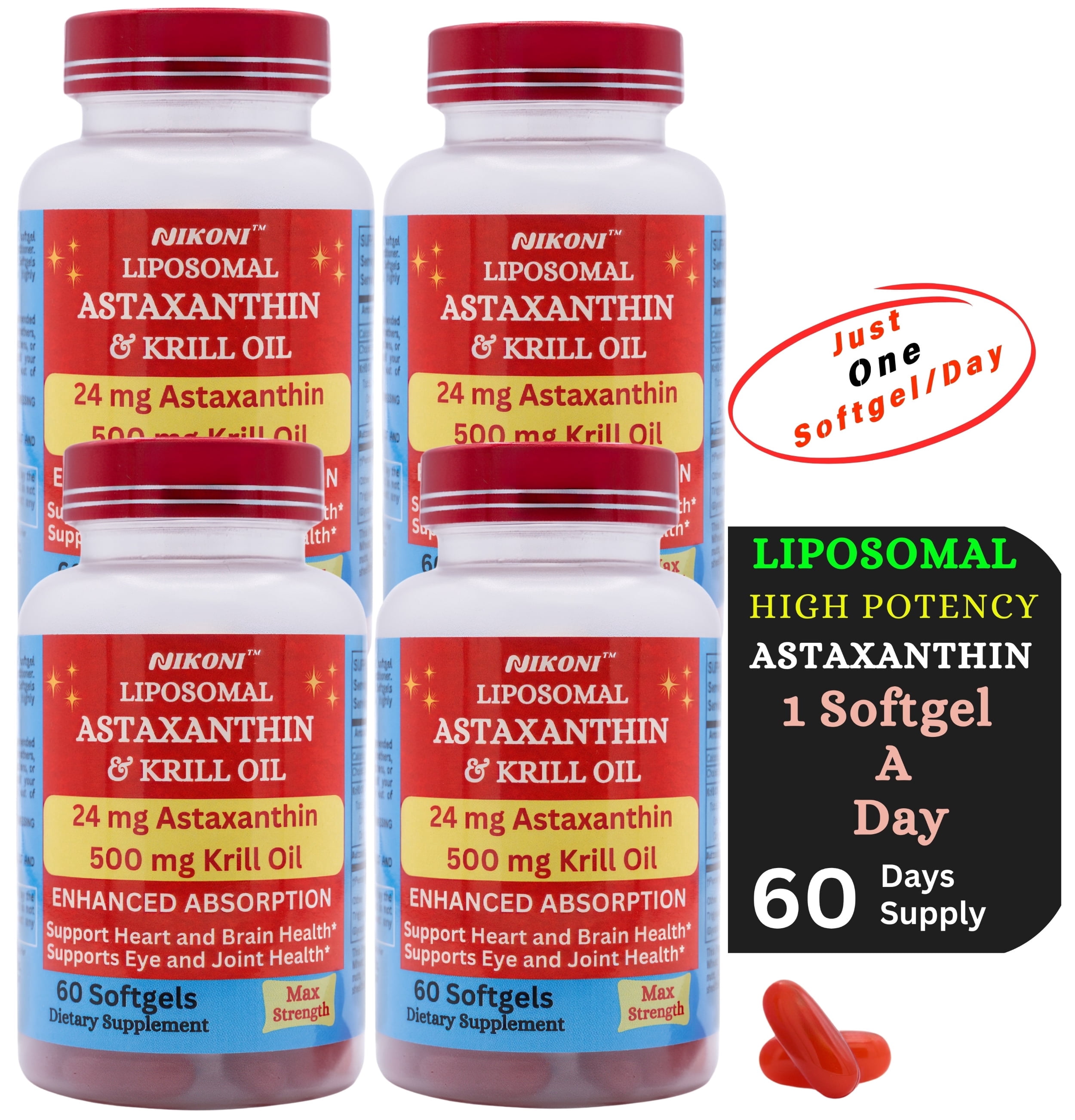 Nikoni Liposomal Astaxanthin & Krill Oil 24 mg Antioxidant with Omega-3s Supports Cellular, Joint, and Heart Health 240 Softgels