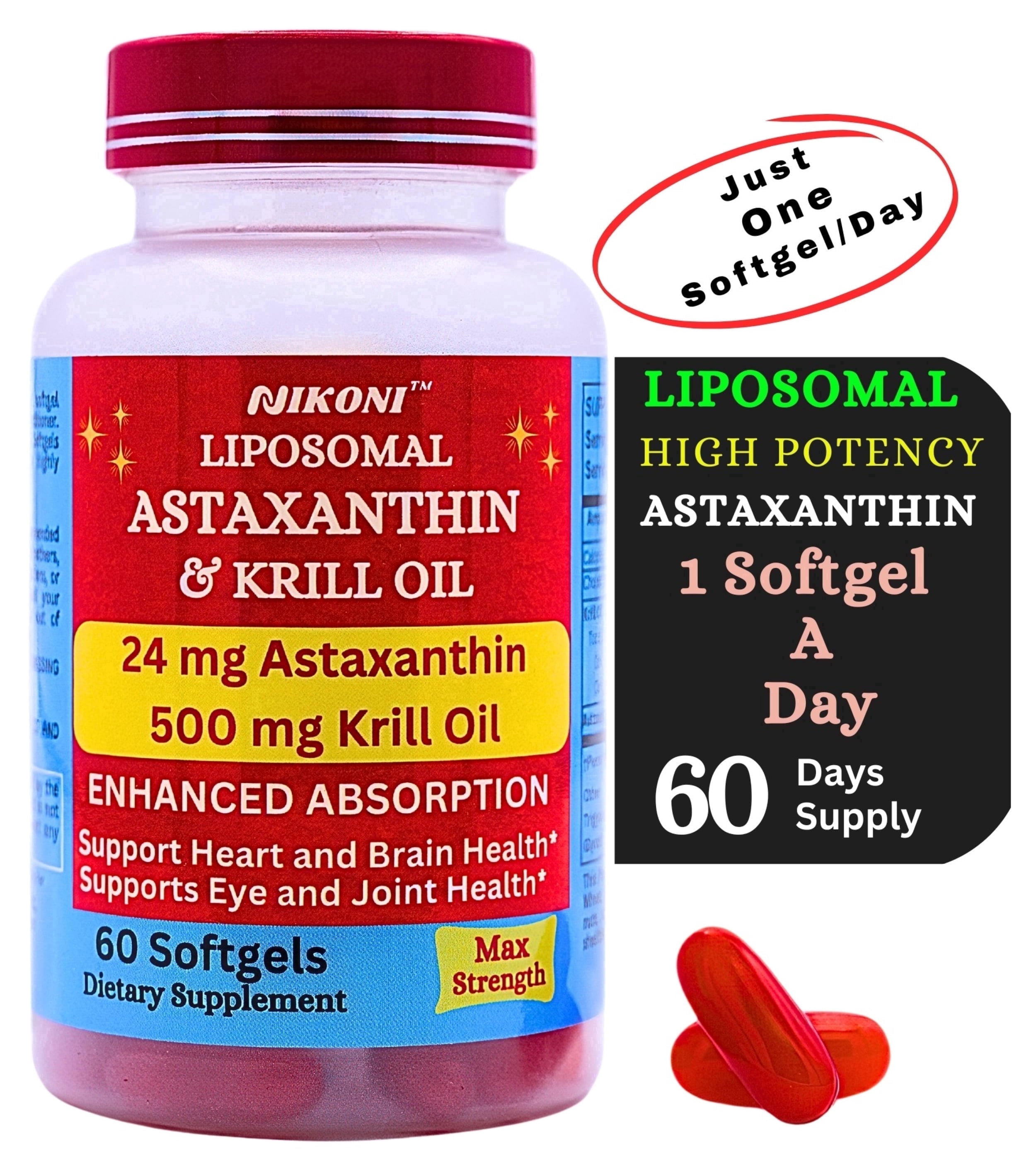 Nikoni Liposomal Astaxanthin Krill Oil Softgels Cellular Joint Heart Health Antioxidant Support 60 Count Softgelss