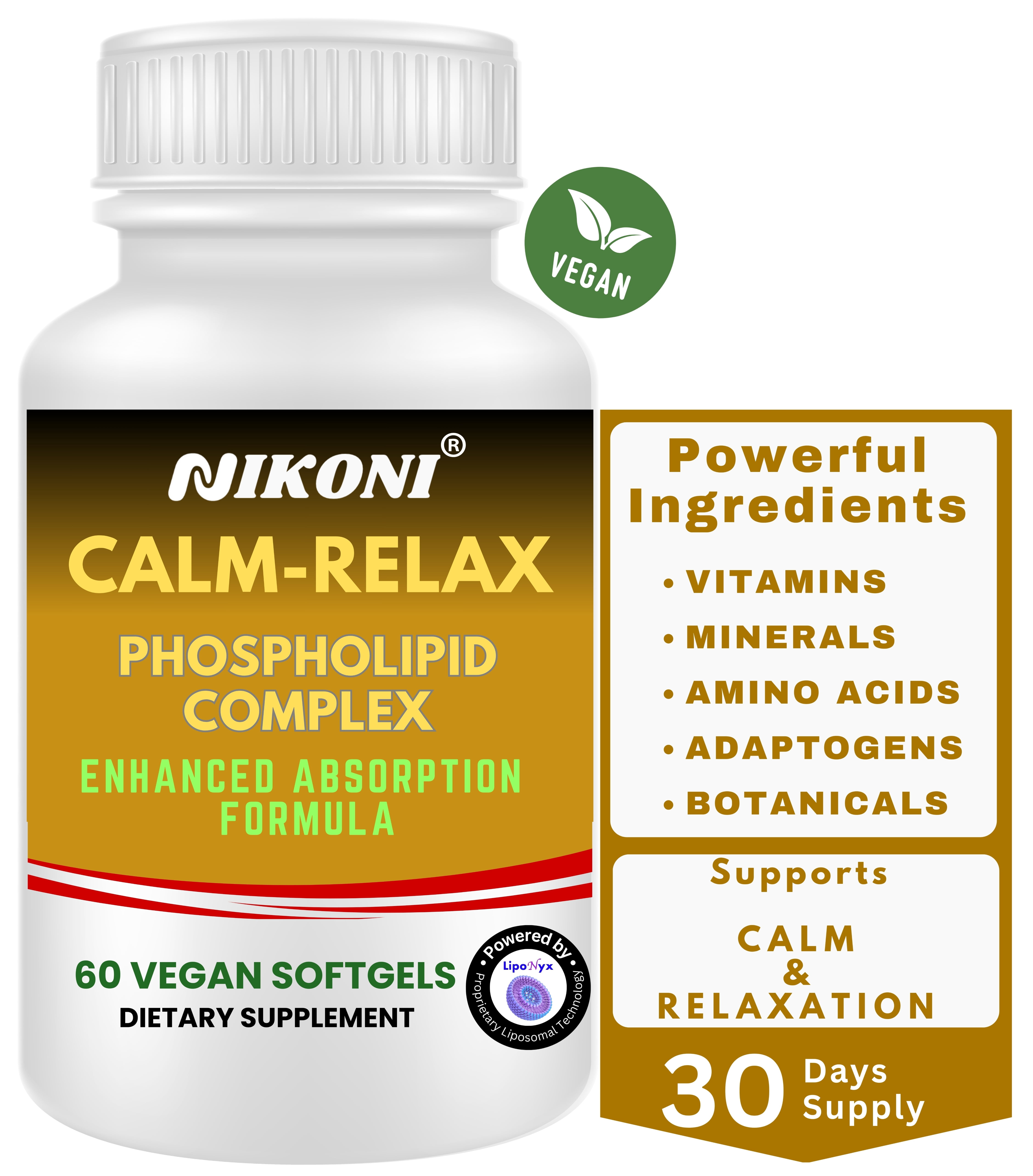 Nikoni Calm Relax Phospholipid Complex Enhanced Absorption Formula Stress Support 60 Vegan Softgels