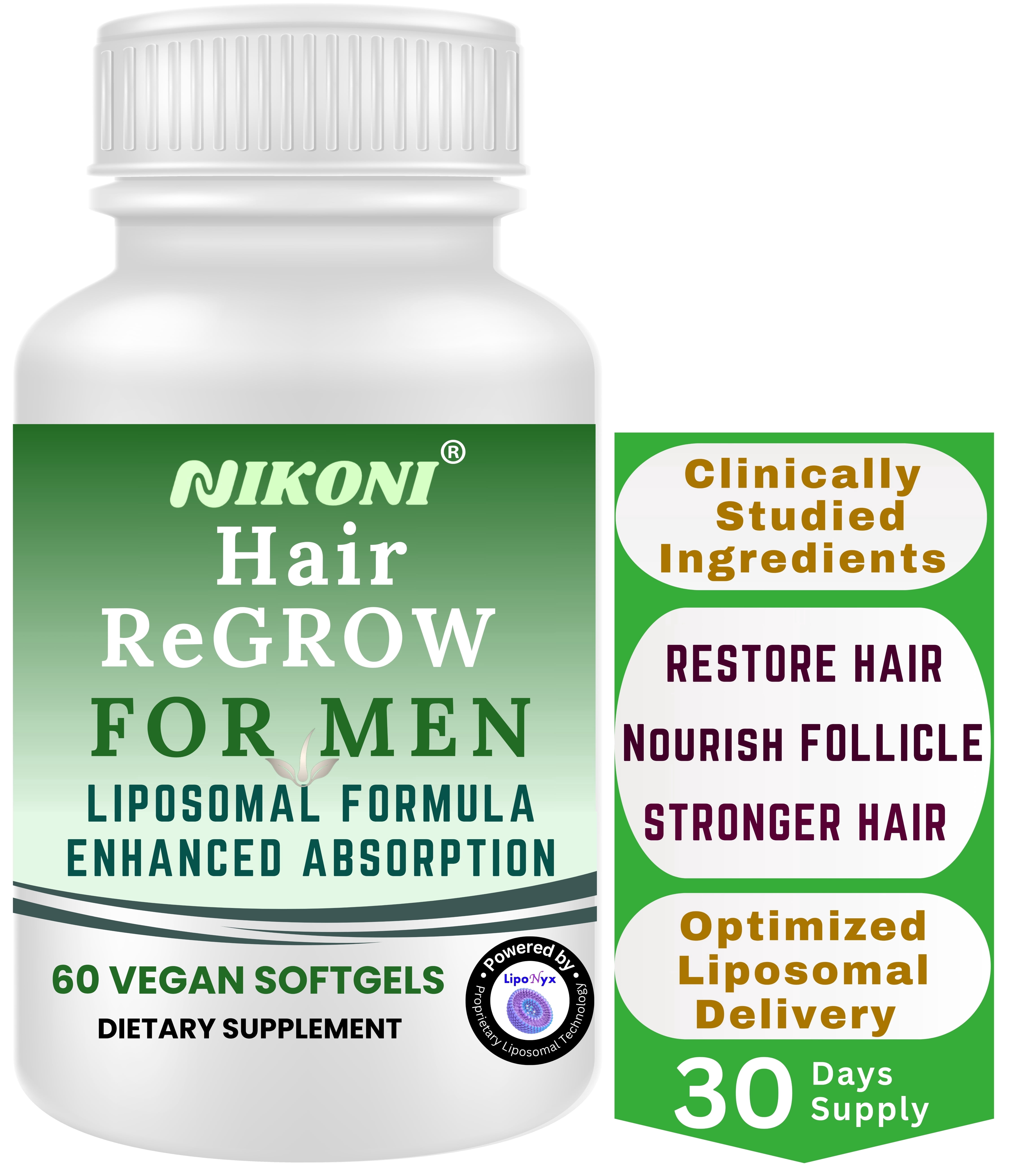 Nikoni Men's Hair ReGROW Liposomal Vegan Softgels with Biotin, Keratin, Saw Palmetto & Essential Nutrients-60 Vegan Softgels