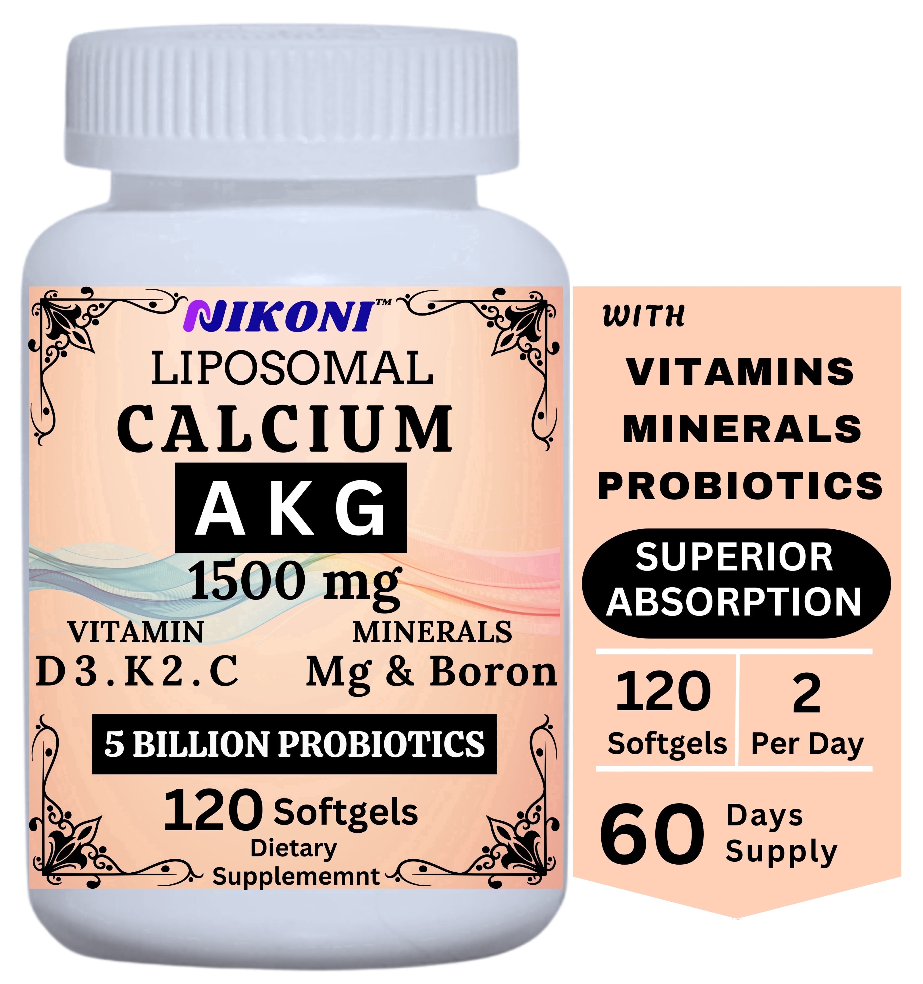 Nikoni Liposomal Calcium AKG Supplement with Vitamins D3, K2, Magnesium & Probiotics Supports Bone and Joint Health 120 Softgels