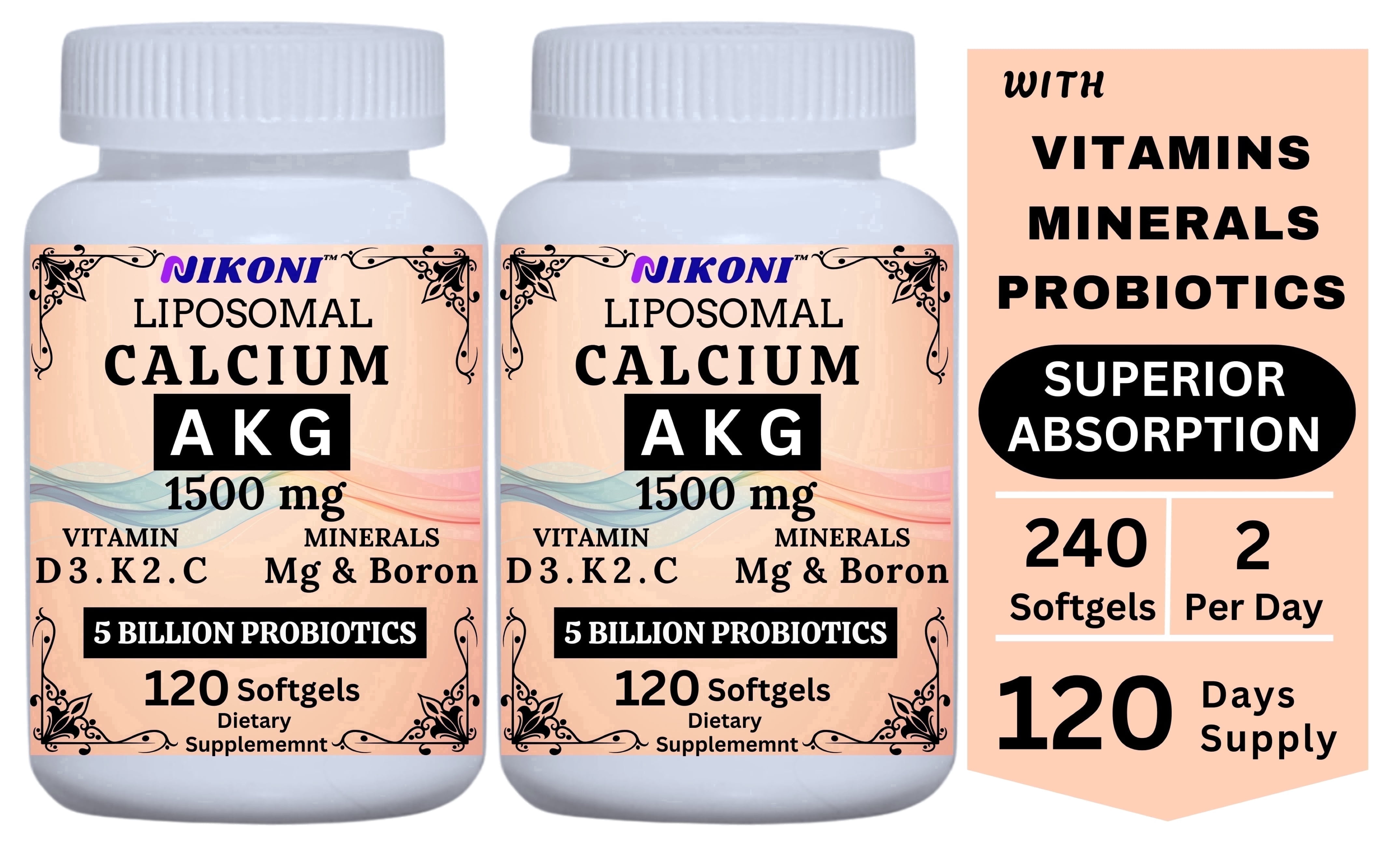 Nikoni Liposomal Calcium AKG Supplement with Vitamins D3, K2, Magnesium and Probiotics for Bone and Joint Health 240 Softgels