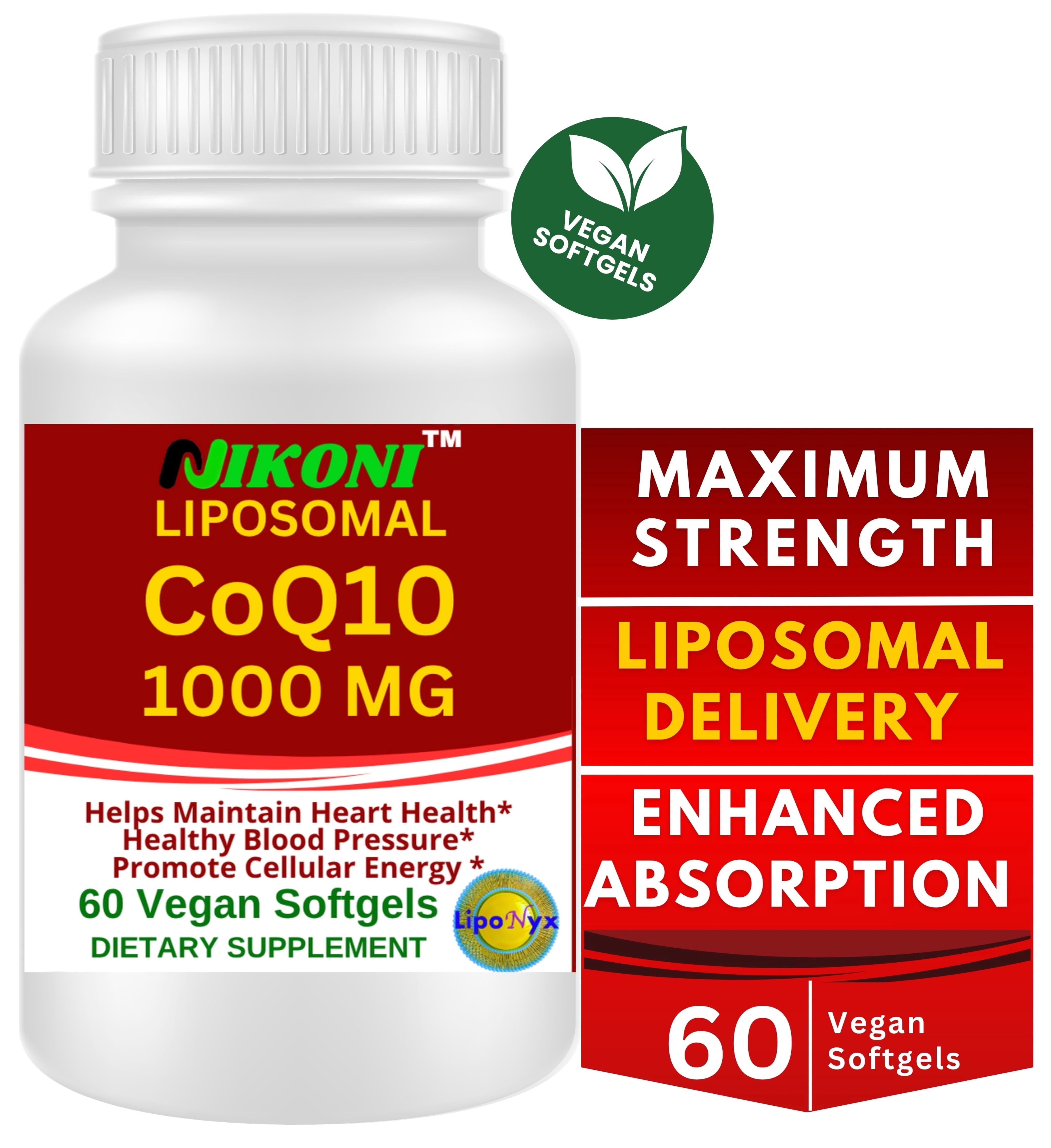 Nikoni Liposomal CoQ10 1000 mg Maximum Strength Supports Heart and Brain Antioxidant Support 60 Count Vegan Softgels