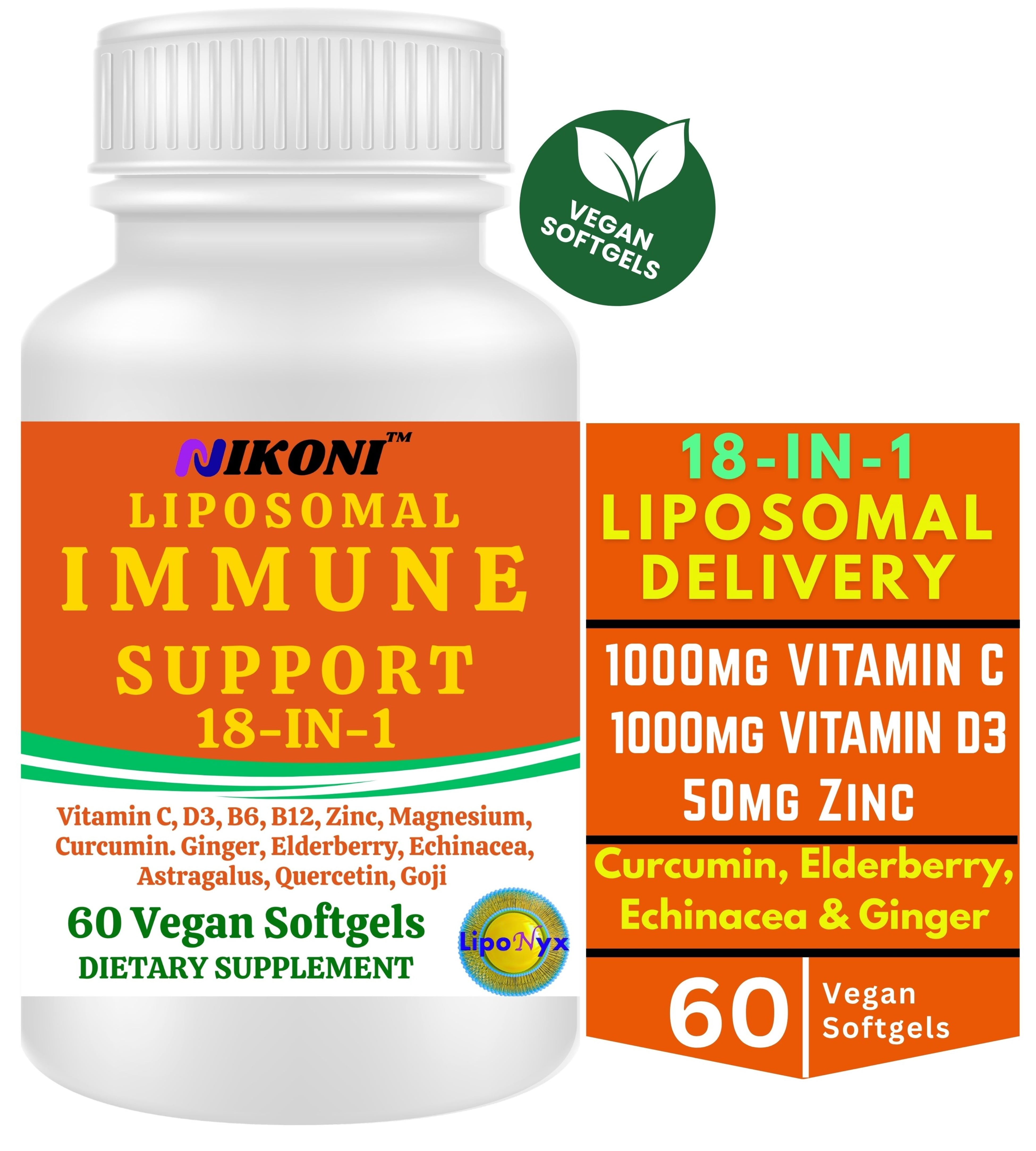 Nikoni Immune Support Dietary Supplement 18-in-1 Liposomal Formula Vegan Softgels 60 Count