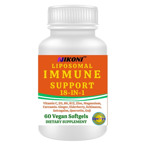 Nikoni Immune Support Supplement Liposomal Formulation  18-in-1 Formula with Vitamin C, Zinc, Vitamin D3, Echinacea, Elderberry & Curcumin  60 Vegan Softgels