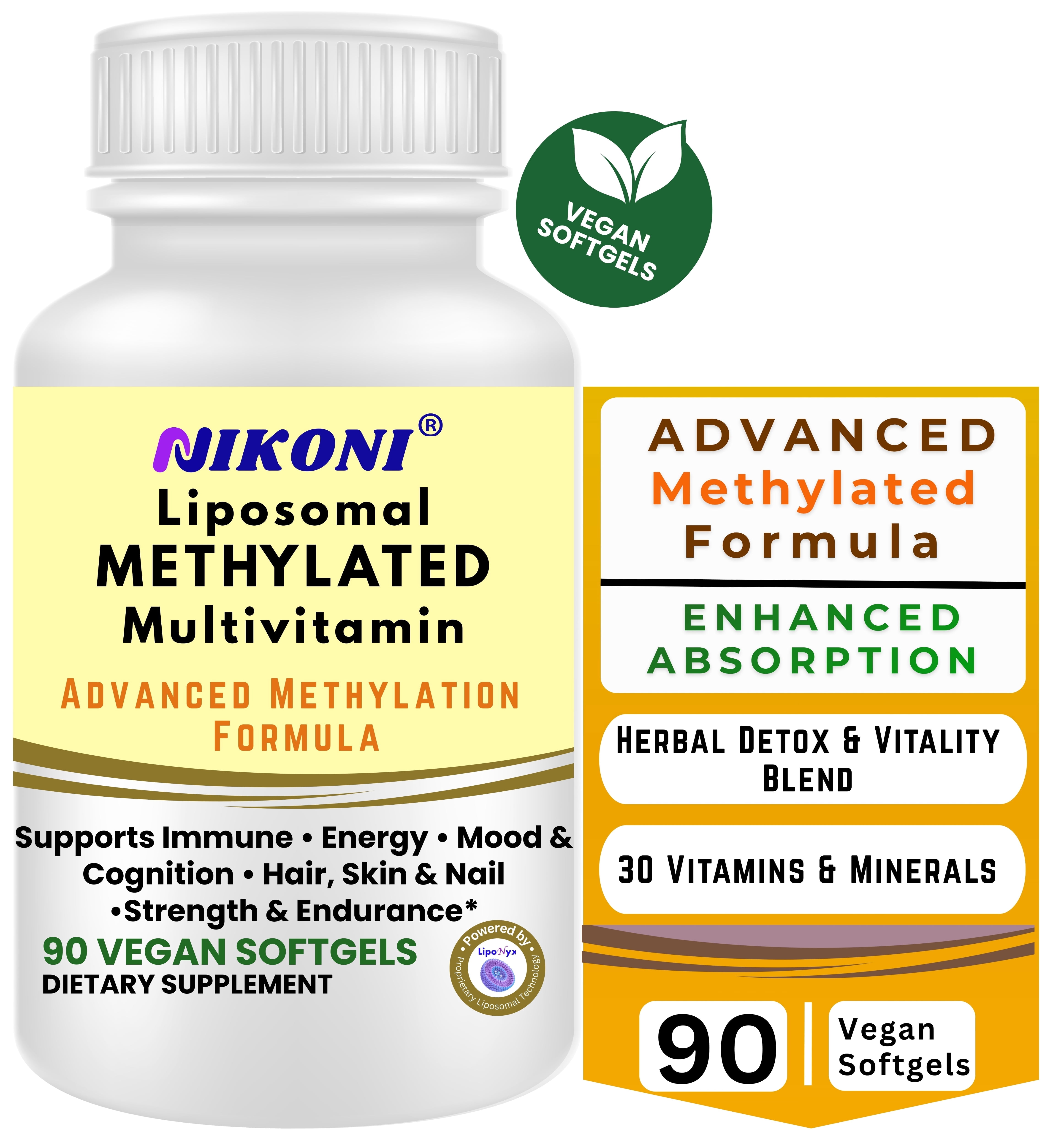 Nikoni Liposomal Methylated Multivitamins Vegan Softgels Methylated for Better Absorption 90 Count
