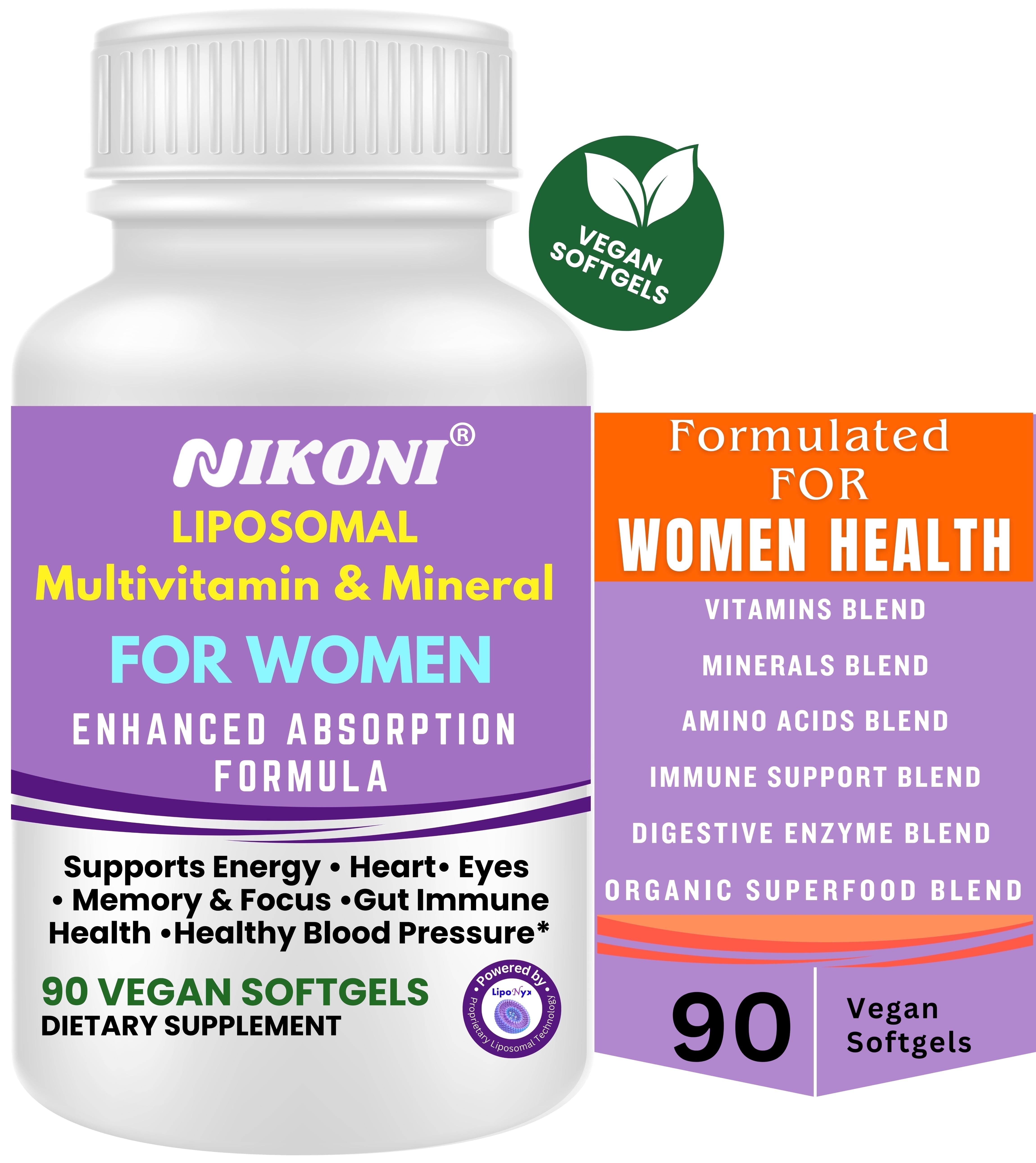 Nikoni Women's Liposomal Multivitamin and Mineral Vegan Softgels for Enhanced Absorption 90 Count