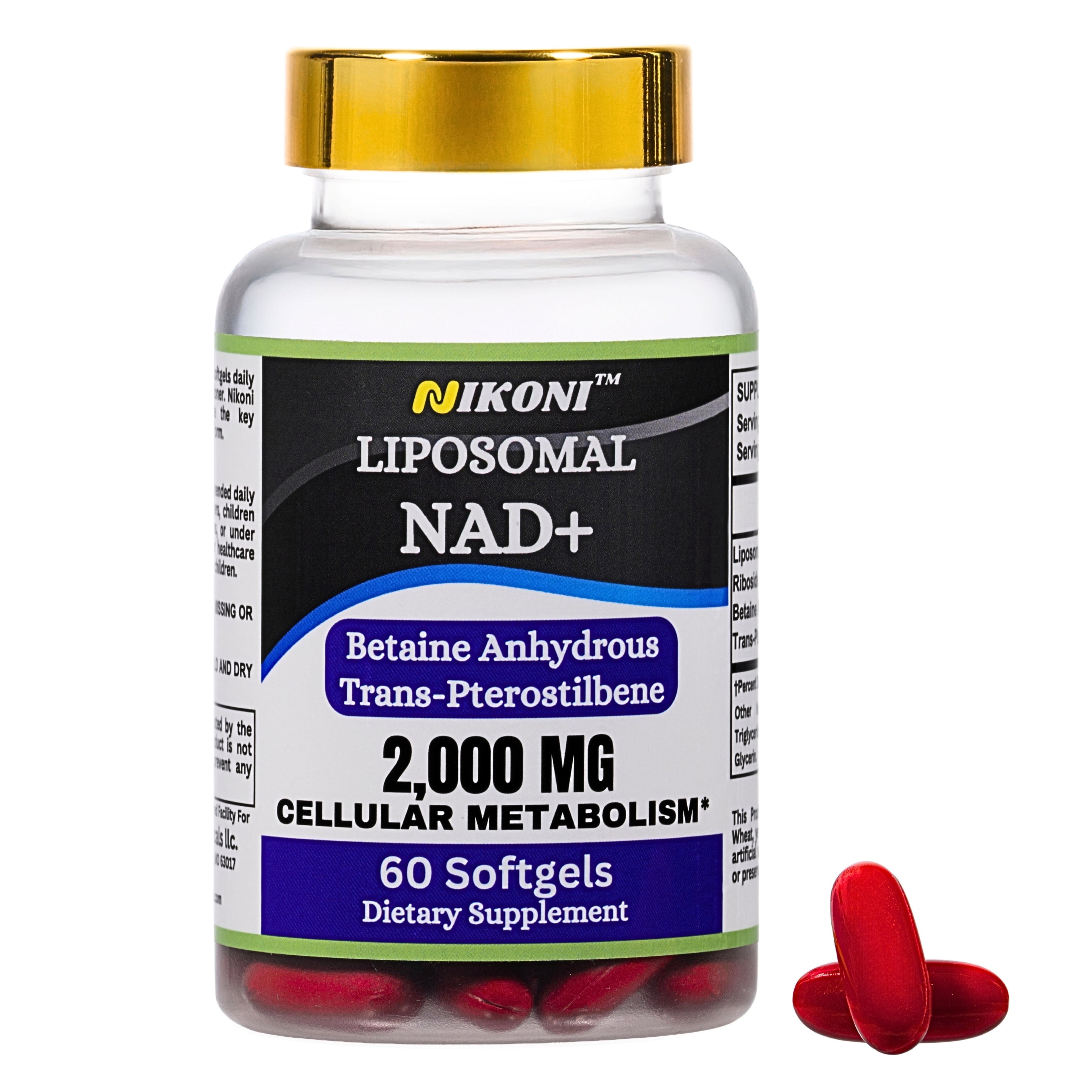 Nikoni Liposomal NAD+ Supplement, 2000 mg NAD with Betaine, Supports Cellular Energy & Metabolism – 60 Softgels