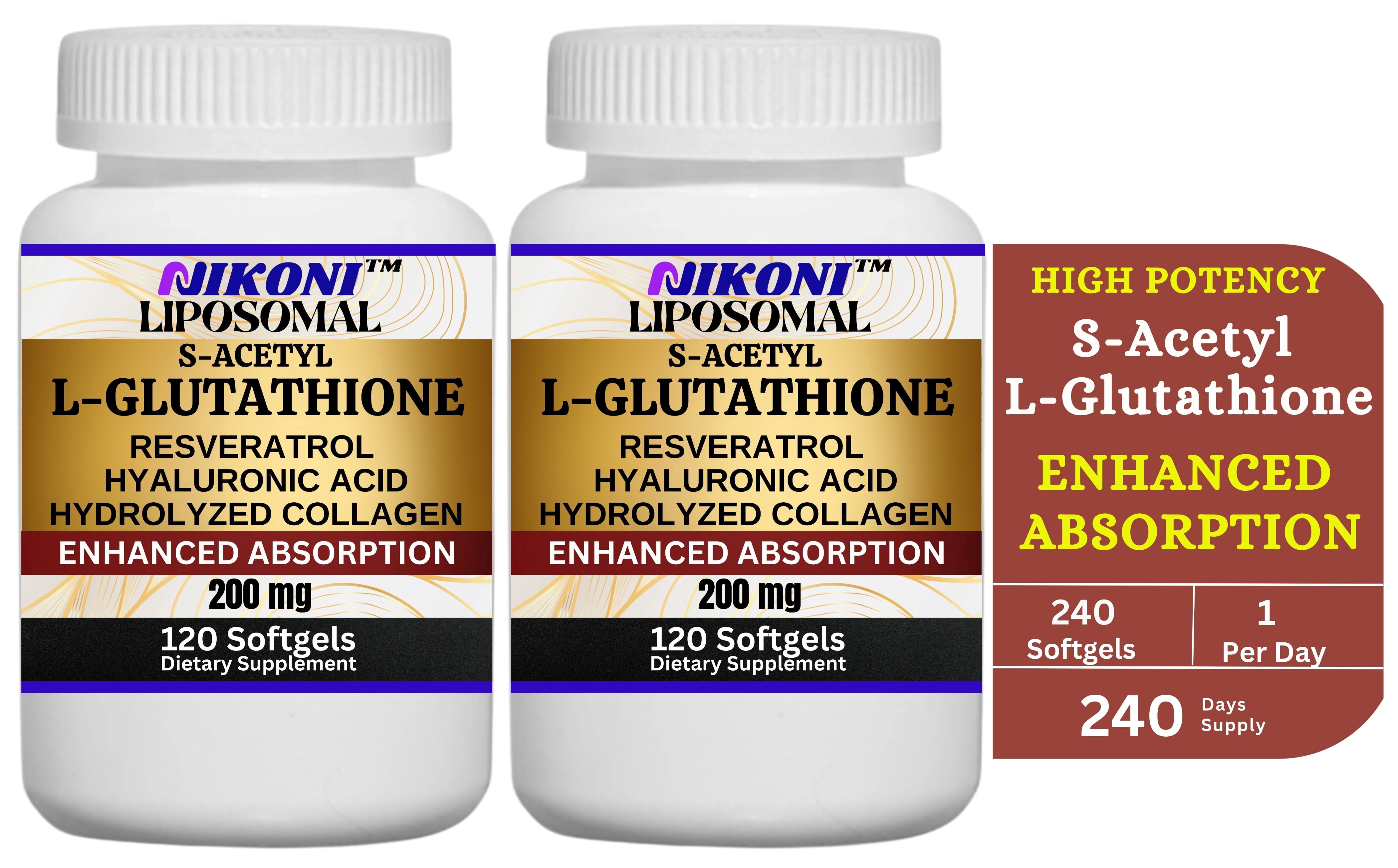 liposomal vs s acetyl glutathione Nikoni S-Acetyl Glutathione Supplement with Resveratrol, Hyaluronic Acid  and Collagen Antioxidant Support 240 Softgels