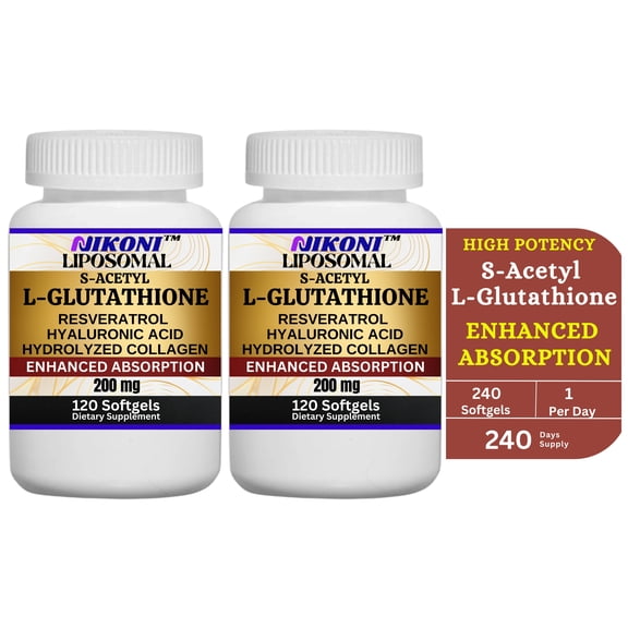 Nikoni S-Acetyl Glutathione Supplement with Resveratrol, Hyaluronic Acid and Collagen Antioxidant Support 240 Softgels