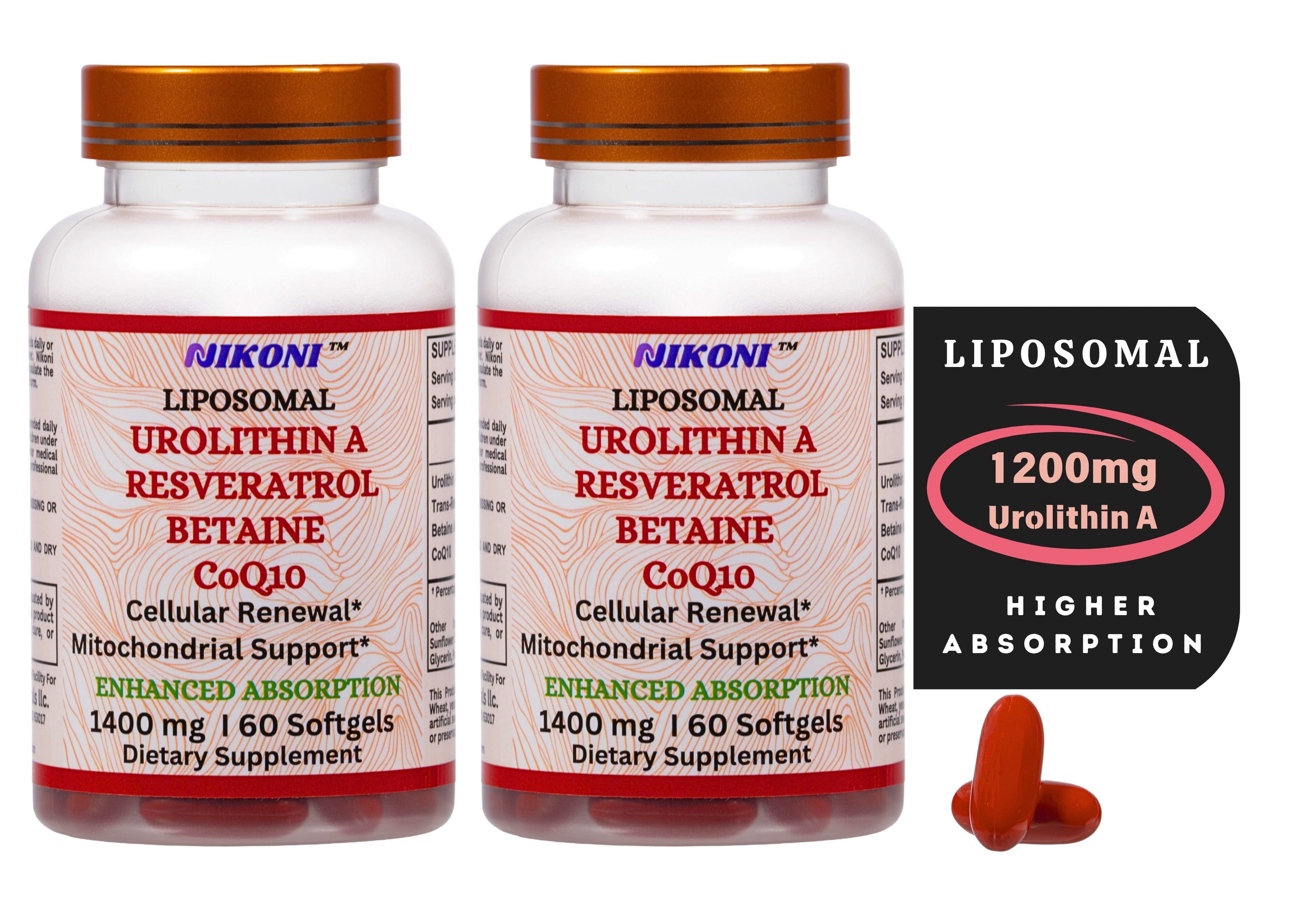 Nikoni Liposomal Urolithin-A Dietary Supplement Maximum Metabolism Healthy Aging Wellness 120 Softgels