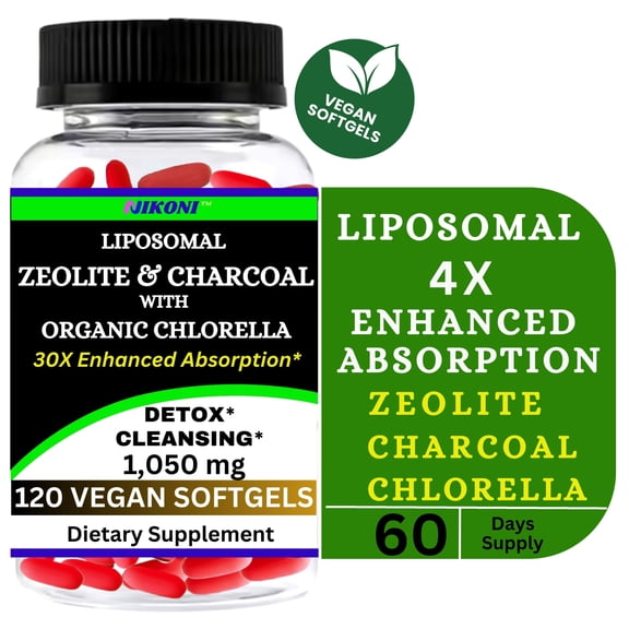Nikoni Liposomal Clinoptilolite Zeolite, Charcoal & Organic Chlorella Supports Detox 120 Vegan Softgels