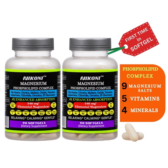 Nikoni Magnesium Complex, 9 Forms with B-Vitamins and Trace Minerals, Supports Bone and Muscle Function, 180 Softgels