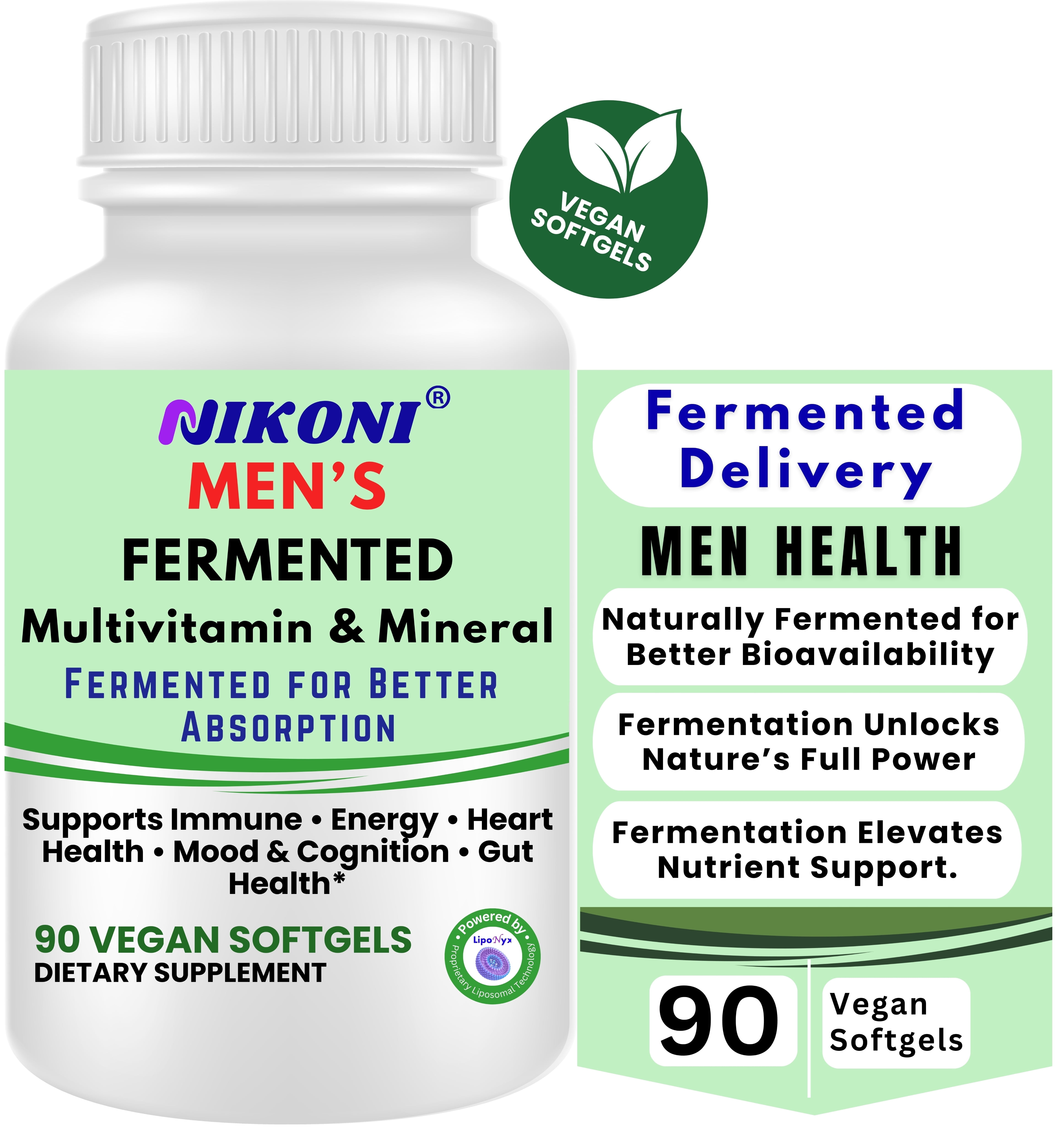 Nikoni Men's Fermented Multivitamin and Mineral Supplements Vegan Softgels Fermented for Better Absorption 90 Count