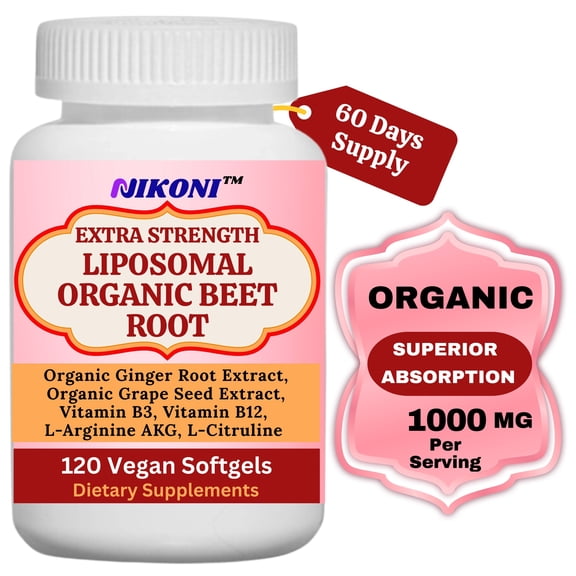 Nikoni Beet Root Supplement Organic Liposomal Formulation 1000 mg Supports Nitric Oxide Production Vegan Gluten-Free 120 Softgels