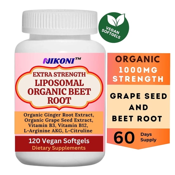 Nikoni Organic Liposomal Beet Root Supplement 1000 mg Supports Nitric Oxide Production, Vegan, 120 Softgels