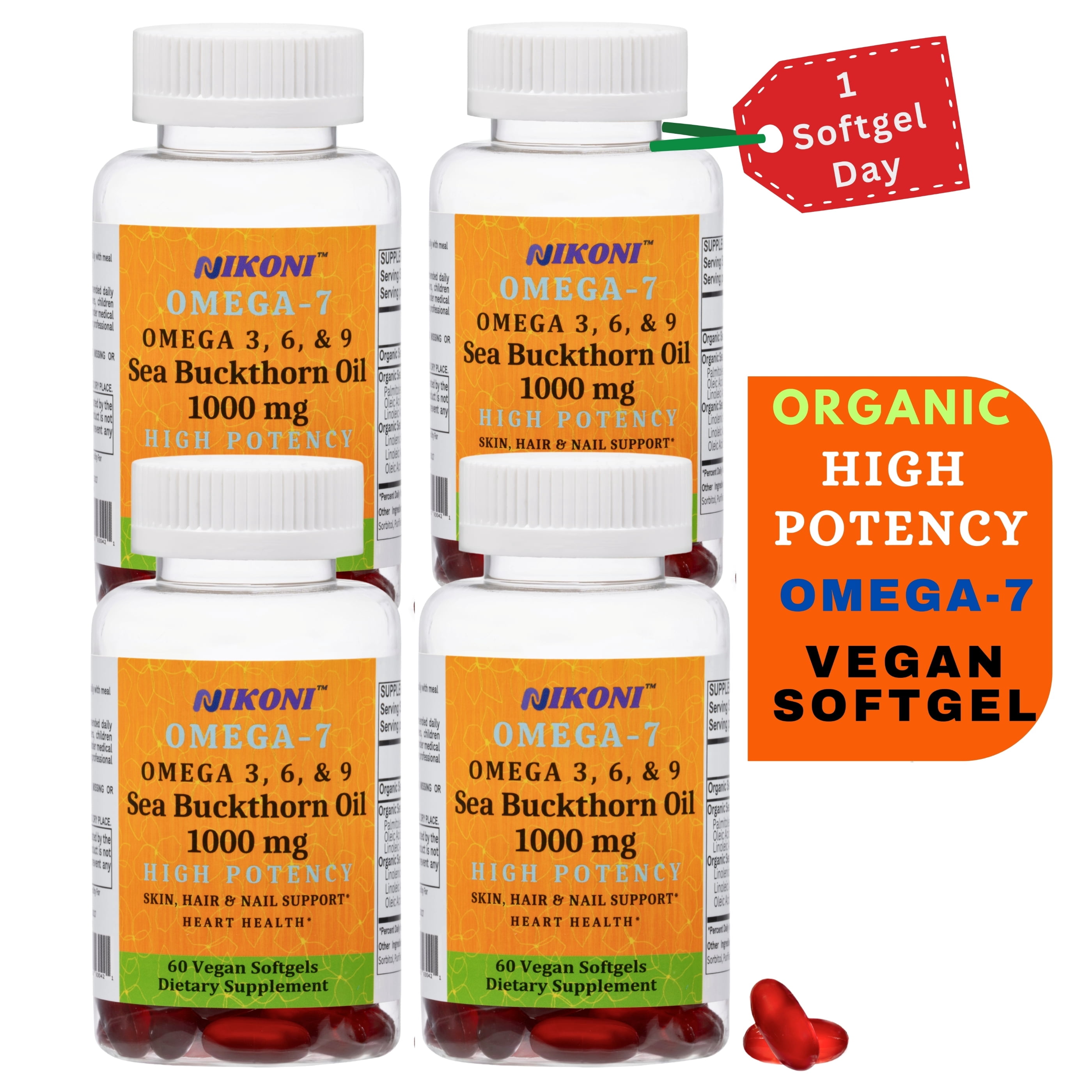 Nikoni Organic Sea Buckthorn Oil Omega-7 Antioxidant Support Vegan Softgels 240 Count