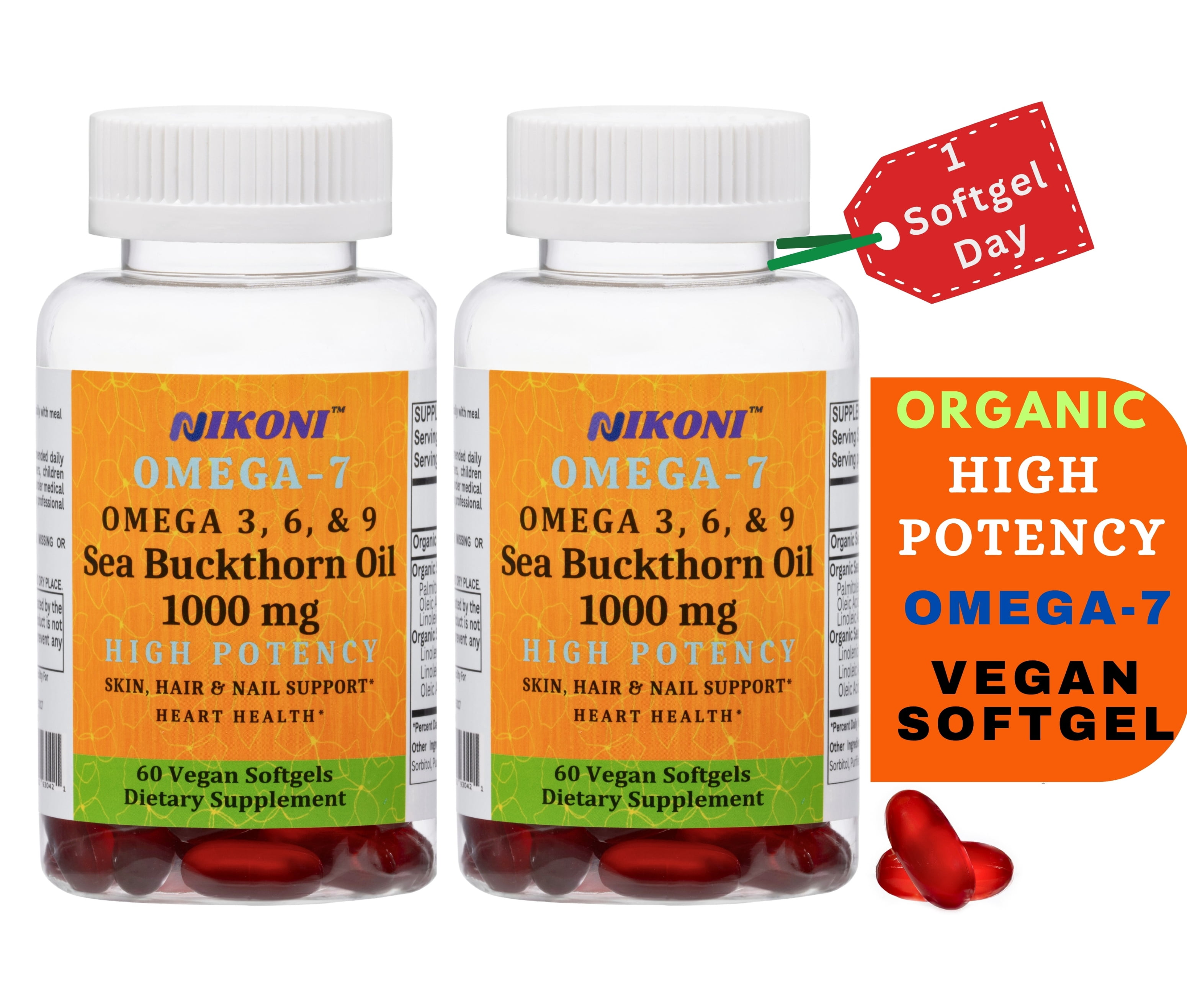 Nikoni Organic Sea Buckthorn Oil Vegan Softgels, Omega-7 and Antioxidant Nutrients for Skin, Hair and Nail Support, 120 Count