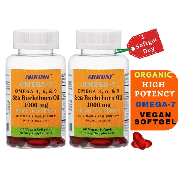 Nikoni Organic Sea Buckthorn Oil Vegan Softgels, Omega-7 and Antioxidant Nutrients for Skin, Hair and Nail Support, 120 Count