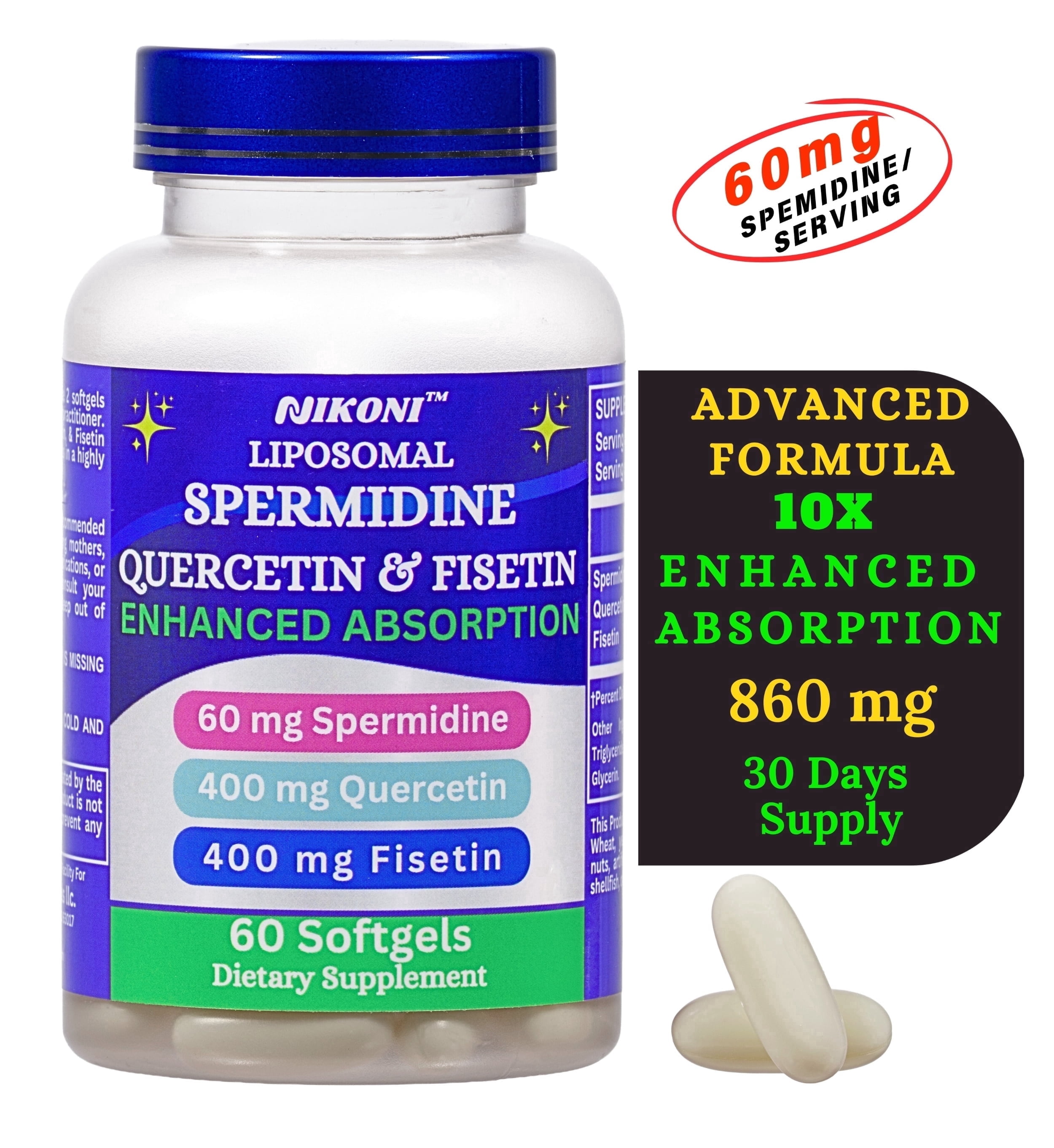 Nikoni Liposomal Spermidine Quercetin and Fisetin for Cellular and Brain Health, Antioxidant Support, 60 Softgels
