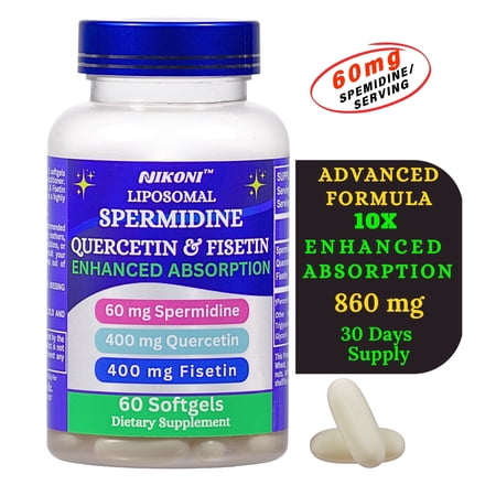 Nikoni Liposomal Spermidine Quercetin and Fisetin for Cellular and Brain Health, Antioxidant Support, 60 Softgels